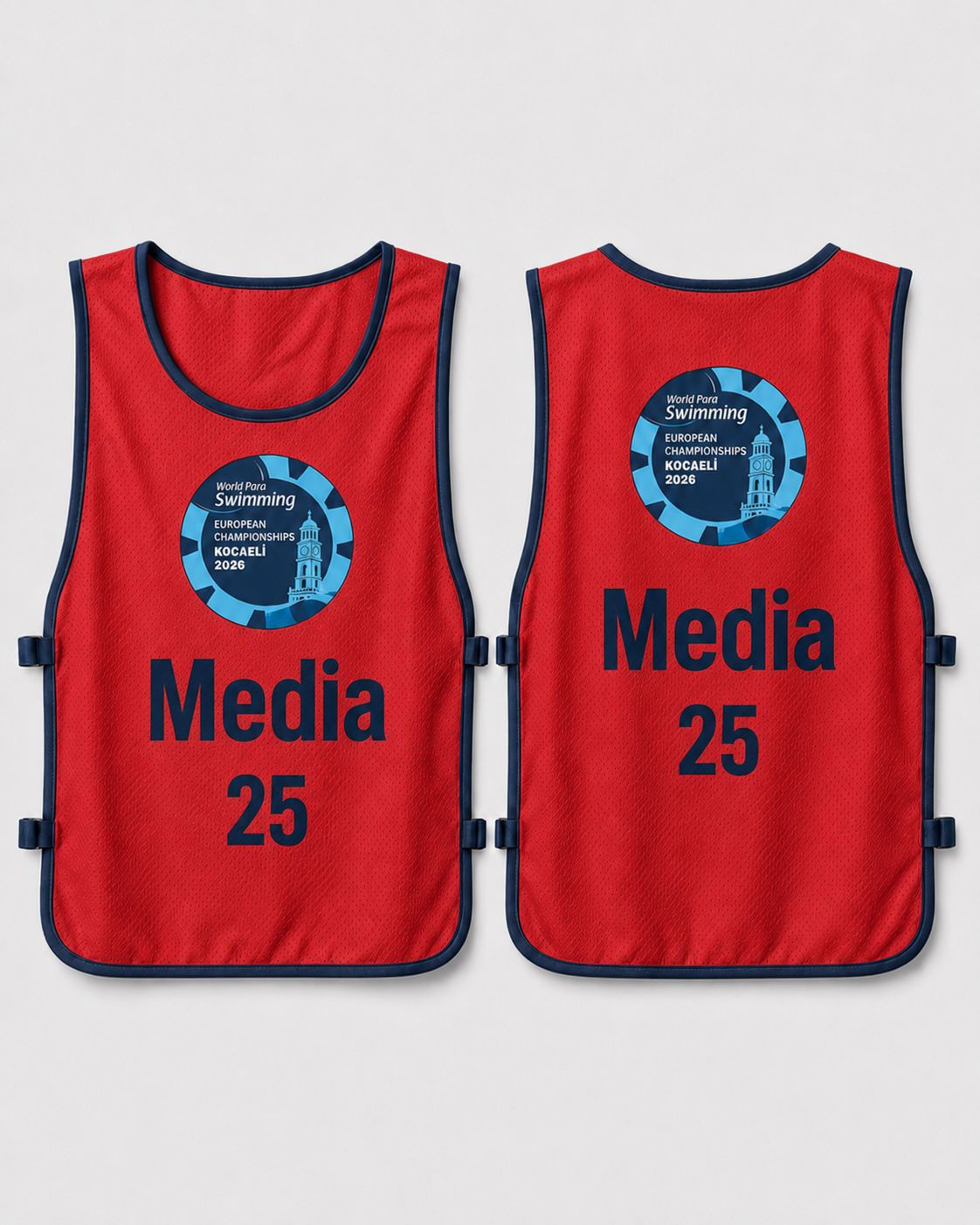 Red Media bib, front and back