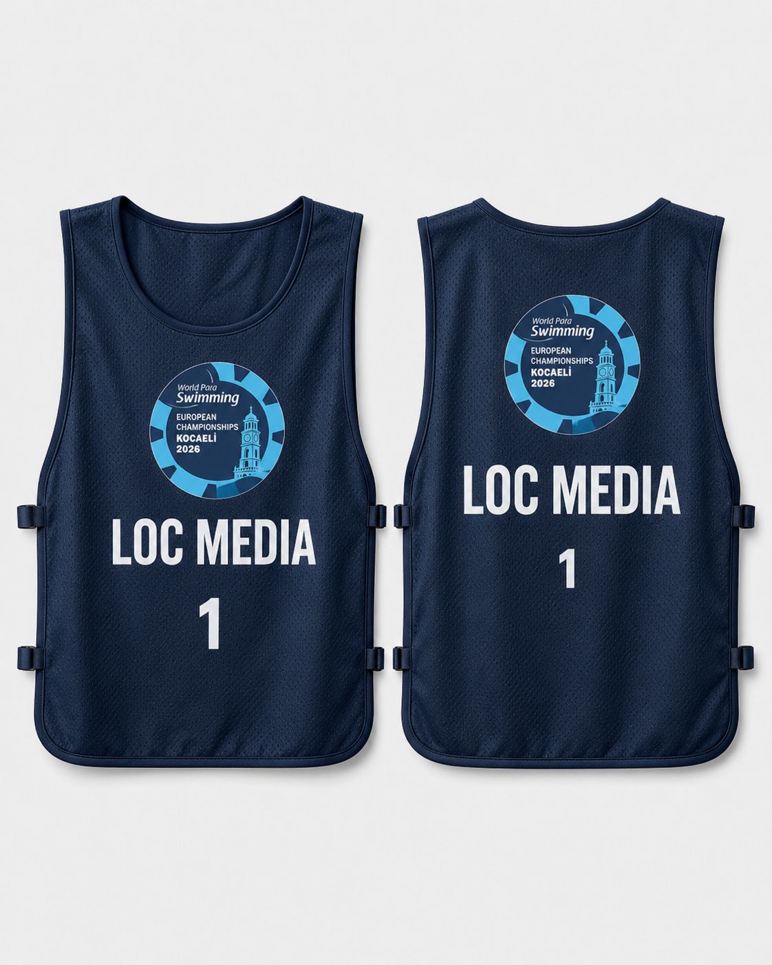 Dark blue LOC Media bib, front and back