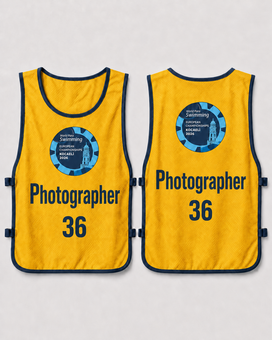 Yellow photographer bib, front and back