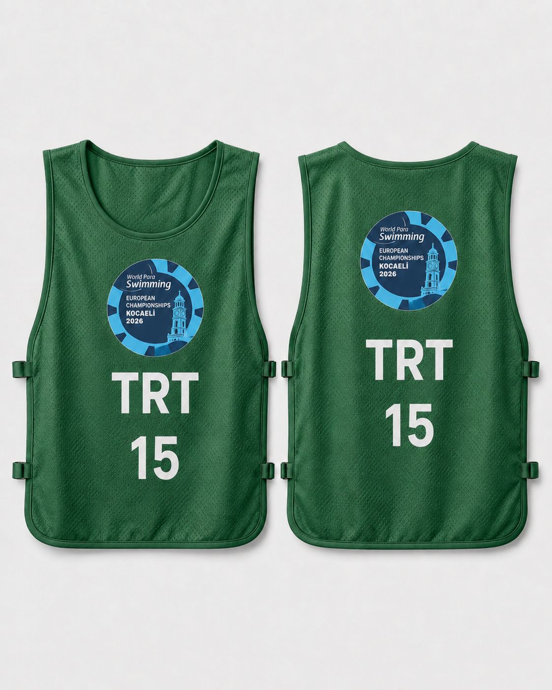 Green TRT media bib, front and back