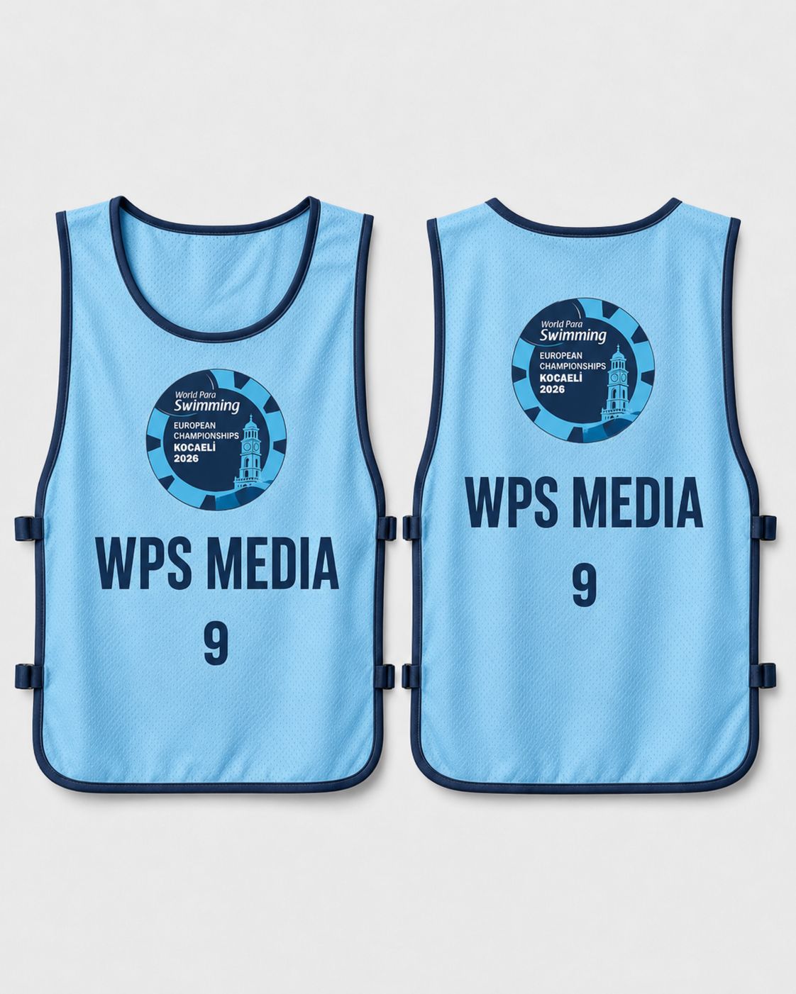 Light blue WPS Media bib, front and back